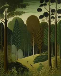 An olive green deep forest with evergreen trees painted by Henri Rousseau