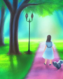 park mystical dream, park bench, man, woman, child, dog, trees, path, bird, sunshine, mystical, fantasy, romanticism, pastel colors, daylight, daytime, acrylic painting, detailed, soft focus,