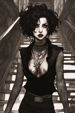 scarred cyberpunk vampire girl with tribal tattoos short curly dark cyberpunk hair descending the staircase in decaying dark mansion on fire