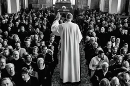 a priest in a crowded church who realizes that he is having an attack of colitis and, while he is preaching, tries to hold back a big fart. Insane details, photo shooted by Nadar. Low contrast, no hands