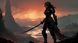 A formidable warrior girl in black armor, on the background Amazing gloomy landscape, flooded with sunset, mountains, trees, fabulous scary hero, , juicy emotions, painting, dark fantasy, gloomy day, dark world, portrait, by Stephan Martiniere & Benedick Bana & Carne Griffiths & Brian Kesinger