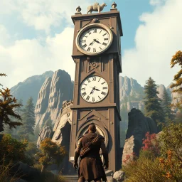 Scene from a modern fantasy action movie featuring the "Garden of Practicality", the Clockwork Forest Realm of Ix Chel, Cyberpunk style. Coloring similar to Lord of the Rings movies. With a hero standing in front of a tower mounting an analog clock.