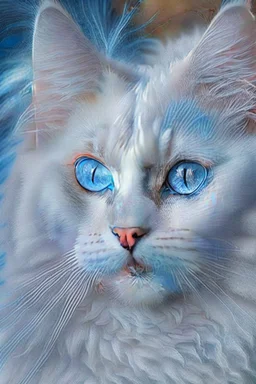 Attractive white cat with blue eyes and white feathers around it