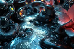 Macro photography of a sci-fi ecosystem. Close-up of metallic recursive architectural elements merging with organic bioluminescent plant life. The water in the nearby stream shows impossible fractal ripples and metallic sheen. Intricate procedural patterns, high-tech nature, hard-surface modeling aesthetics mixed with soft organic curves, subsurface scattering on petals, high-gloss metallic reflections, 4k, Octane Render style.