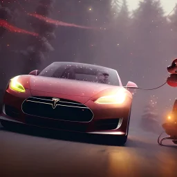 Santa claus driving his red Tesla convertible car, character design by cory loftis, fenghua zhong, ryohei hase, ismail inceoglu and ruan jia. unreal engine 5, artistic lighting, highly detailed, photorealistic, fantasy