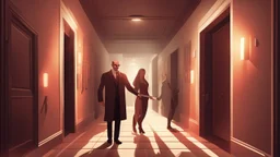 Modern flat, apathetic hitman works magic with a nymph in a narrow hallway, rich dark chestnut brown, burnt sienna and soft cream color, volumetric lighting, 3D three-dimensional lighting vector style illustration