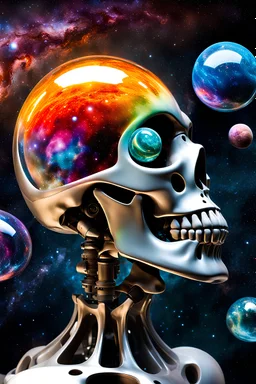 glass alien head harboring a colorful, tiny galaxyscape within; Miniature planets, moons, and vivid nebulae inside skull; by "NASA"; by "Hubble telescope"; futuristic aesthetics microscopic galaxy inside a glass head