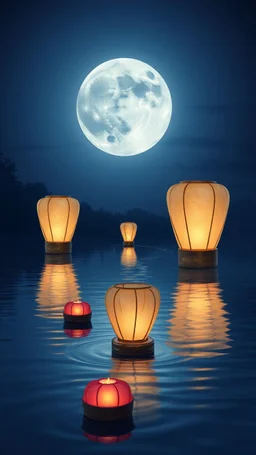 A three Water floating lanterns , under a beautiful moon light