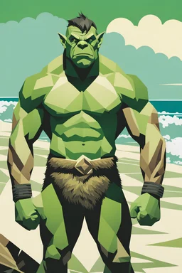 Flat colour, Geometric collage of an green Orc 1930s style Poster. Powerful, bare hairy chested, short hair, muscular physique legs. At the beach.