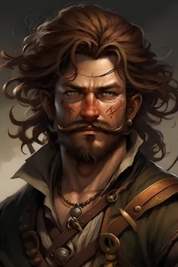 Picture of a pirate that has a swashbuckling figure with a strong, athletic build and wavy, sun-kissed chestnut hair that often fell just above his shoulders. His piercing, adventurous hazel eyes held a sparkle of mischief and determination. He often sported a neatly trimmed beard and a mustache that added to his rugged appearance. Dressed in a tattered, long, navy-blue coat with golden braids and buttons, he wore a white, ruffled pirate shirt underneath. Make him holdimg a magical seashell.