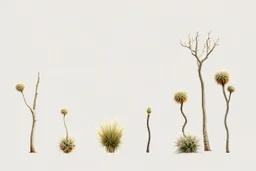 "Isolated concept art of multiple types of alien tree plant on a plain neutral background. Designed for Desert biome – dry, spiky, brittle grass with sharp edges, thorn-like blades, and pale dusty colors