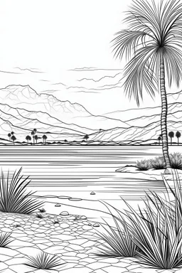 high resolution "realistic design", 2D black pen line art design,clean white clean sky background, for coloring page," lake oasis in the desert realistic design" smooth vector illustration, monochrome,