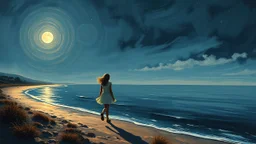 a girl walks along the moonlit foreshore+cretan, gentle cubist, neo-romantic+hyper landscape, complex detail, very realistic, art by John Craxton