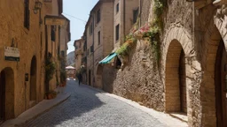 cobbled street with buildings and shops cut from rock, over hanging cliff face, arches, and bridges