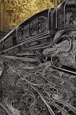 Insanely detailed intricately detailed meticulously detailed hyperdetailed black outline of a train on gold and silver paper, high contrast, beautiful landscape, detailed full-color, nature, HD photography, Josan Gonzalez, Tishk Barzanji, Anne Dittmann, autoCAD