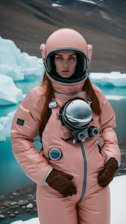 Fashion film in the icefields of Patagonia, a stunning supermodel in an incomplete Astronaut pink bronze suit discover the icefields and giant iceblocks and icebergs using stunning poses we can see her face through the glass . Supreme landscape, inticate background and a minimalist composition that creates a great megalophobia effect. Old lens, old Kodak vision filmstock, 1600 iso.