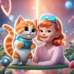 (masterpiece, best quality, 8k, RAW photo, beautiful and aesthetic:1.2), complex detail, Indirect light, photorealistic, (((full body))), Cosmic Boss Baby style smiling, long curved clear hair , with a ginger cat companion, colorfull Sci-Fi environment