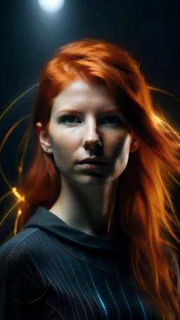 a photorealistic, 8k, ultra realistic, ultra detallado, tesla coil with visibles rayos eléctricos en todo su cuerpo, young redhead woman, full body,