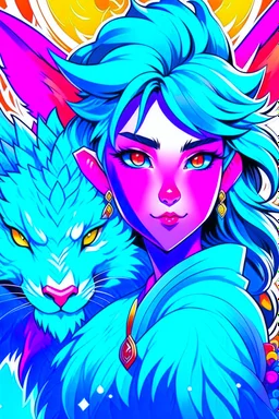 A dragon mixed with a mythical lion and a human female elf.Dramatic and powerful look and feel. Extensive attention to details. Bold lines. Vivid colors. 80s style retro anime art. Double exposure. cartoon style. cubism style