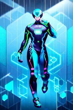 cyberpunk, neon blue, high technology, geometric figures, orbiting figures, cyberpunk suit, black and blue, epic, rain, neon blue suit, geometric figures orbiting around suit, exosuit, male