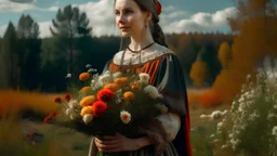 A slavic woman standing with a bouquet of flowers, with a beautiful land scape.