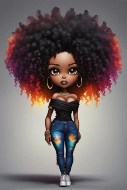 create a colorful abstract silhouette art image 8k of a chibi curvy black female wearing torn jeans pants and a black tie dye off the shoulder blouse. Prominent make up with hazel eyes. Highly detailed long tight curly afro in a hair wrap.