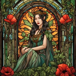 Stained Glass Art Nouveau art style A beautiful as a model asian woodland elf princess who looks like a young Lucy Liu seated on a throne surrounded by poppies and marijuana leaves in a mystical forest, photo-realistic