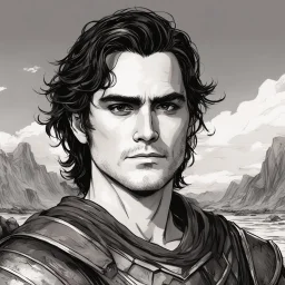 A portrait of Joaquin Phoenix in his early 30s, long beachy haircut, black hair, on a rocky island, in ebony armor from Skyrim, melancholic and dangerous facial expression, half-smiling, drawn in the style of ink manga sketch