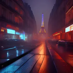 Cyberpunk street view in night , paris , rain, ground reflection