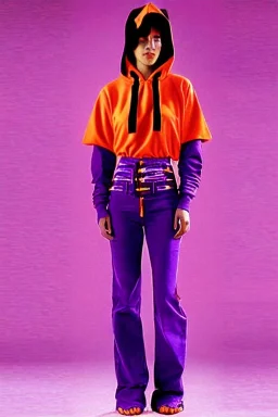 year 1999 women fashion, Techno, rave, Loose, straight, suit, low waist light trousers, t-shirt, new kind of hoodie with high tippet, which goes down along zipper! Colors: all denim colors, purple, khaki, lilac, plum, orange, terracotta, red, pink, dark blue, beige. Patterns: lynx, balls, stripes. lynx belt. starling or owl prints. Women models. Missy Elliot, Sandra Bullock, Milla Jovovich, Big tennis shoes on. Latex, denim and leather e.g. in Leg warmers.