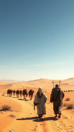 The pilgrims walking in the desert with caravans