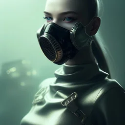 portrait of beautiful woman wearing ultra cyberpunk dystopian fashion, gas mask, ripped clothing, mist and fog, 8k, high-quality, ultra-fine detail, Brian Froud, Howard Lyon, Anna Dittman, Anne Stokes, Selina French, Greg Rutowski