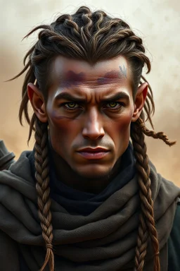 dungeons and dragons human male fathomless warlock, dark tanned freckled skin, braided caramel brown hair, hazel eyes, soft facial features, wears clothes made for desert travel, portrait