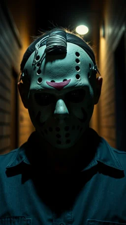 Jason from Friday 13 Movie with a sad smile on his lips and a fierce gaze that radiates resentment in a dark and sober alley.