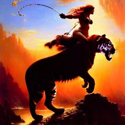 Drawing of beautiful face,'Red Sonja riding a Tiger',intense stare, ancient metal armor, balanciaga fashion clothe painting by gaston bussiere, greg rutkowski, yoji shinkawa, yoshitaka amano, tsutomu nihei, donato giancola, tim hildebrandt Oil on canvas, cinematic composition, extreme detail,fit full head inside picture,16k