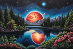 lake reflecting the Orion nebula, on an alien world within the Orion Nebula, by night, the nebula takes up the whole sky and is reflected in the water, alien otherworldly plant like life forms unlike those of earth :: extremely detailed, intricate, photorealistic, beautiful, high detail, high definition, pencil sketch, deep color, acrylic, award winning, crisp quality