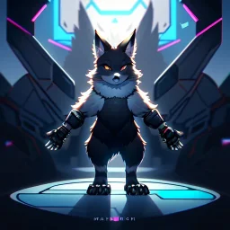 a fox fursona, darker colors, master quality, backlighting, soft lights, full body portrait, in frame, 8k, furry, fur, dark color pallet, robotic arm, cyberpunk, anthropomorphic, perfectly drawn face, well drawn paws, well drawn hands