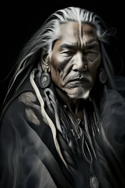 a photo of an Native american indian man with ethnic jewelry, grey hair and grey flowing robe, in style of Annie Leibovitz, contemporary portrait of a mature yet beautiful and modernist man, black and grey, detailed masculine face, swirling fluid smokey enigma, award-winning artwork