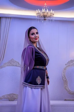 A full-body shot of an azeri lady in folk costum