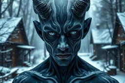 holographic simulation, beautiful xenobiotic alien man demon, scandinavian black tattoo on the body, super detailed face, blue eyes, against the backdrop of old dzherevyanny houses in the winter forest, falling snow in winter, professional photo, 4k, high resolution, high detail, close-up, octane, body art, patterns, lavender color, silver wire, artistic elven fantasy, filigree, dark botany, ultra detail, dark botany, photorealistic image