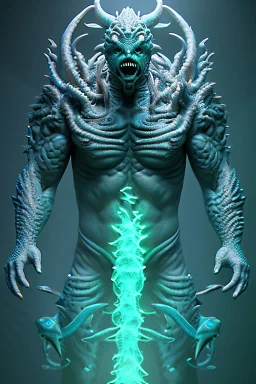 Ocean demon, Unreal Engine 5, highly detailed, highest quality, digital painting, complex 3d render, unreal engine render, insane detail, intricate photograph quality, magnificent, majestic, highly intricate, Realistic photography, glowing silhouette, cybernetic clarity, perception