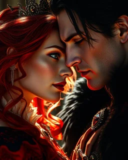 beautiful red queen sunlight hitting her face aesthetic hd. cinematic quality. a queen and her vampire king evil blood thirsty royal couple hyperrealistic hyperrealism , deep shadows , bits of light on face pale skin black hair epic quality ,