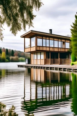 photo d'une maison d'architecte en bois donnant sur un lac