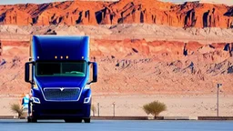 A Tesla semi-truck is parked, at the 'Lake Mead', in Nevada. CINEMATIC. WIDE ANGLE LENS.