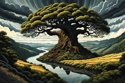 create a wildly imaginative, landscape illustration of a towering, ethereal, otherworldly, Yggdrasil ,under an ominous, threatening sky, overlooking a winding river valley, in the art style of Simon Palmer, highly detailed , finely drawn, colored and inked, suffused with dramatic natural light and shadow, in vibrant natural color