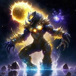 A terrifying creature combining water and sun with the powers of a werewolf and Dracula A battle suit made of galaxies and stars with a glove that has seven endless stones with Infinity Gauntlet