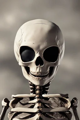 A close up of a skeleton face looking at the camera from a mysterious side view. Deep bony features and inside the hollow eyes are red shining lights, scary. Dressed in an astronaut suit floating in space. On his suit is an American flag and in his one hand is a small wavering American hand flag. From the back of his suit is blowing out blue, white and red smoke. Realistic, 8k, highly detailed, funny