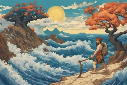 colourful digital painting of the odyssey quest with the mythos cyclops by homer, in the style of hokusai and van gogh