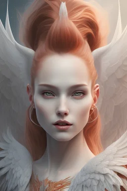 White Angels with a Big Wings with red hair and beautiful smile,portrait, finely detailed intricate design, silver, silk, cinematic lighting, 4k,realistic, horror,highly detailed, digital painting, artstation, concept art, smooth, sharp focus, illustration, cinematic, hight graphic,realistic 3d