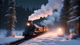 steam train snow in a snowy fir forest,midnight hour,fireflies,lakeside,8k, volumetric lighting, Dramatic scene,